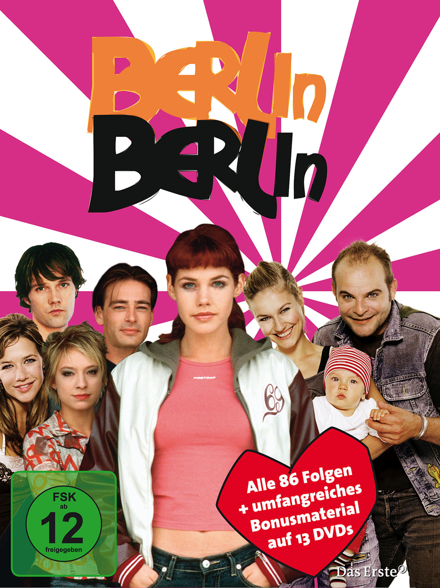 DVD-Cover der Show Berlin Berlin. Enthält Darsteller, Titel und Slogan. Der Hintergrund ist rosa und weiß.