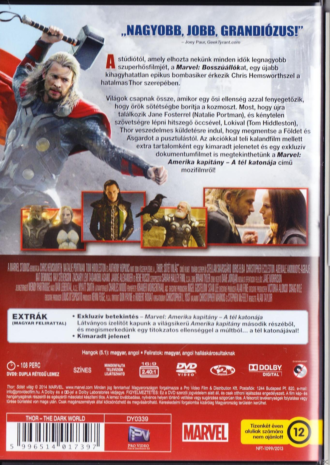 A Thor: The Dark World DVD borítója. Thor kalapáccsal, hátoldal.
