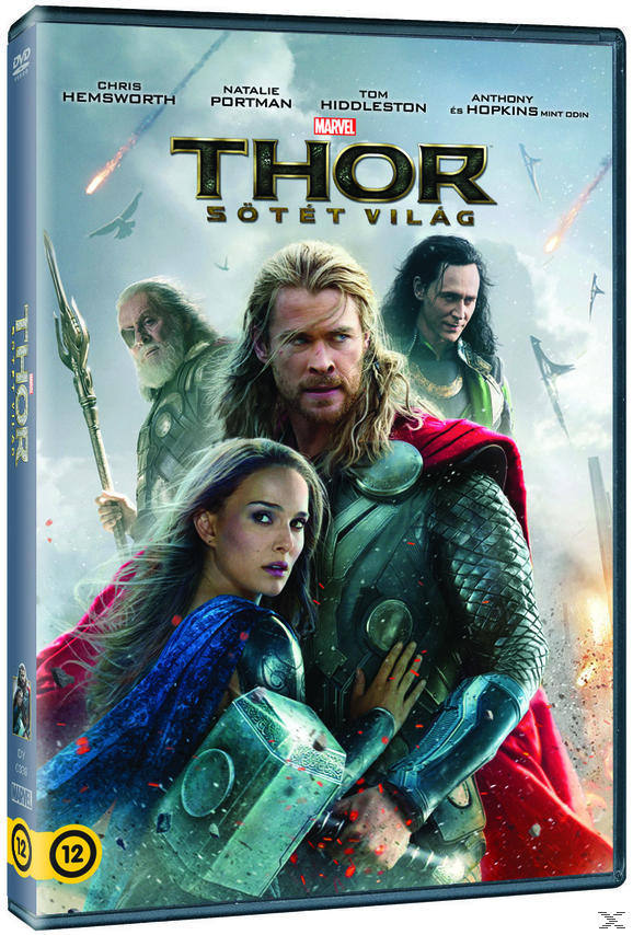 A 'Thor: Sötét világ' DVD borítója, Chris Hemsworth és Natalie Portman szereplésével.