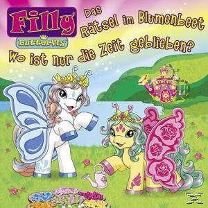 DVD-Cover. Cartoon-Ponys mit Schmetterlingsflügeln. Gartenszene, rosa und blau.
