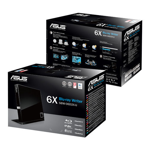 Zwei ASUS Blu-ray-Writer-Boxen auf weißem Hintergrund mit Produktdetails.