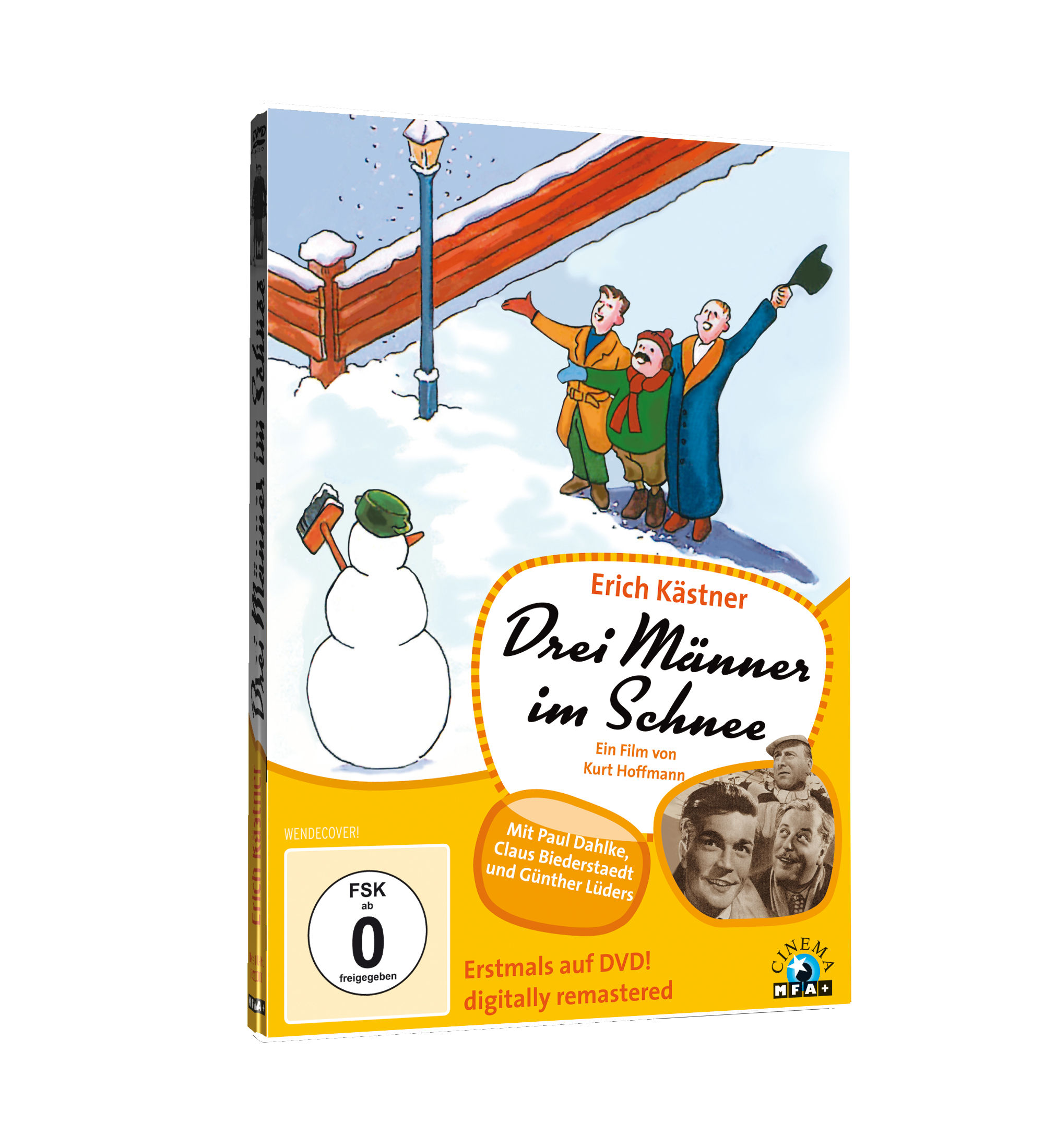 DVD-Cover: Cartoon von drei Männern im Schnee, Titel 'Drei Männer im Schnee', Fotos der Darsteller.