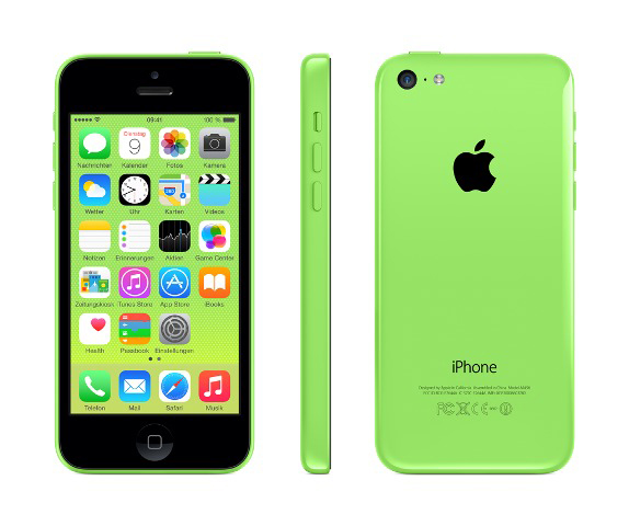 Grünes iPhone 5c aus verschiedenen Blickwinkeln. Zeigt Bildschirm mit Symbolen, Rückseite und Seitenansicht.