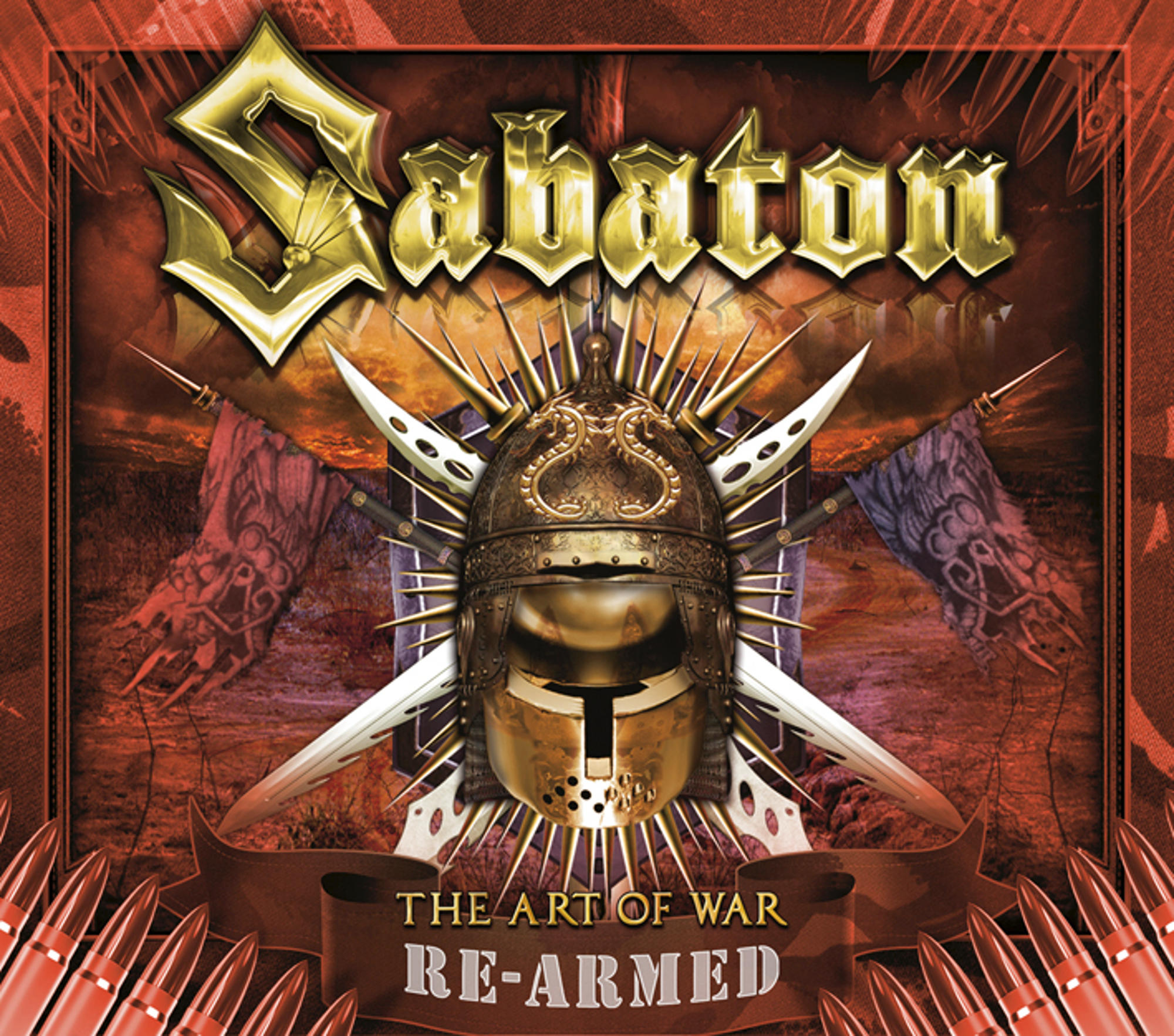 Albumcover: Sabaton 'The Art of War, Re-Armed', ein Kriegshelm und Schwerter.