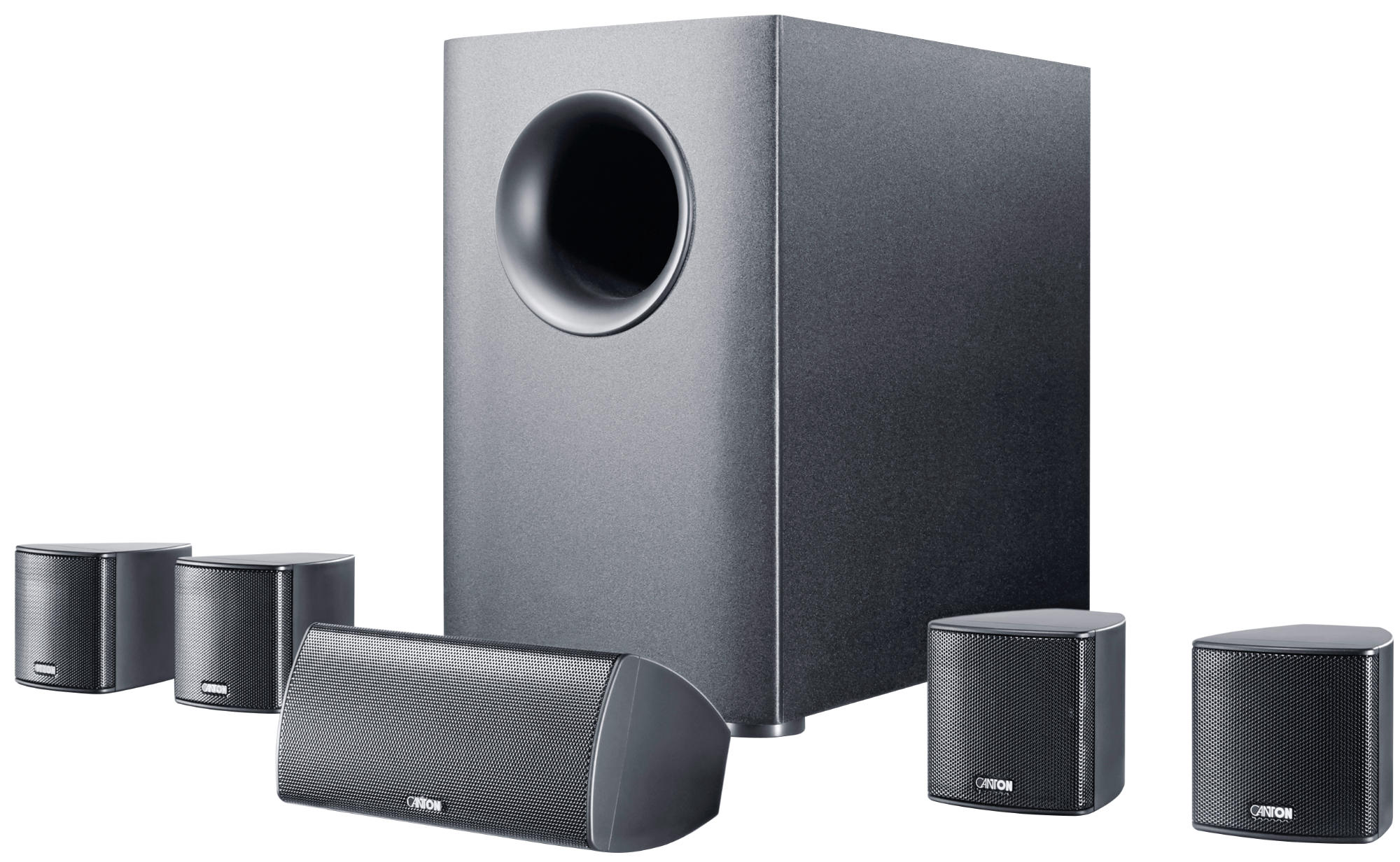Heimkino-Lautsprecherset. Ein großer Subwoofer und fünf kleinere Lautsprecher, schwarze Farbe.