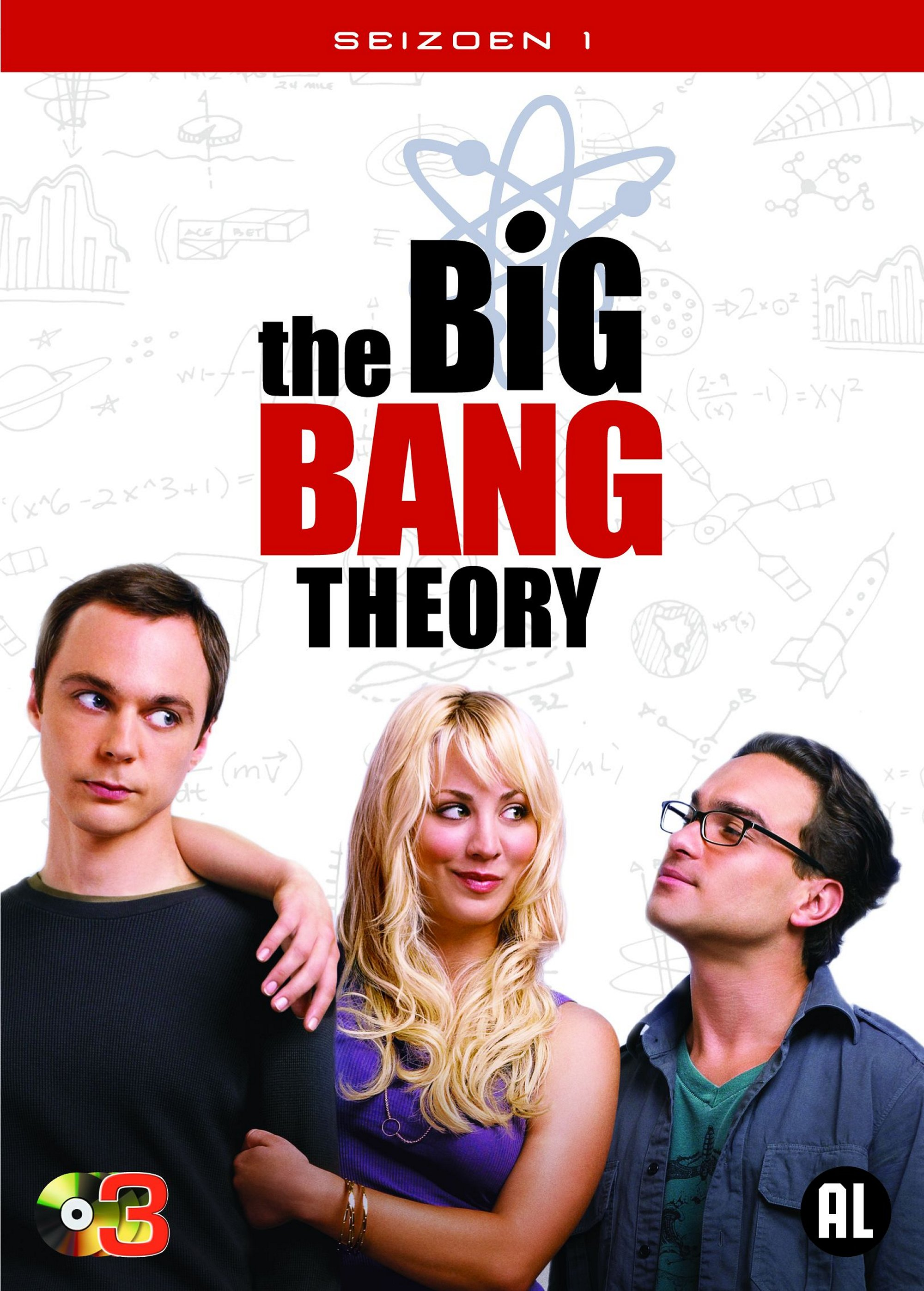DVD-hoes met drie personages uit "The Big Bang Theory", met de titel in grote letters.