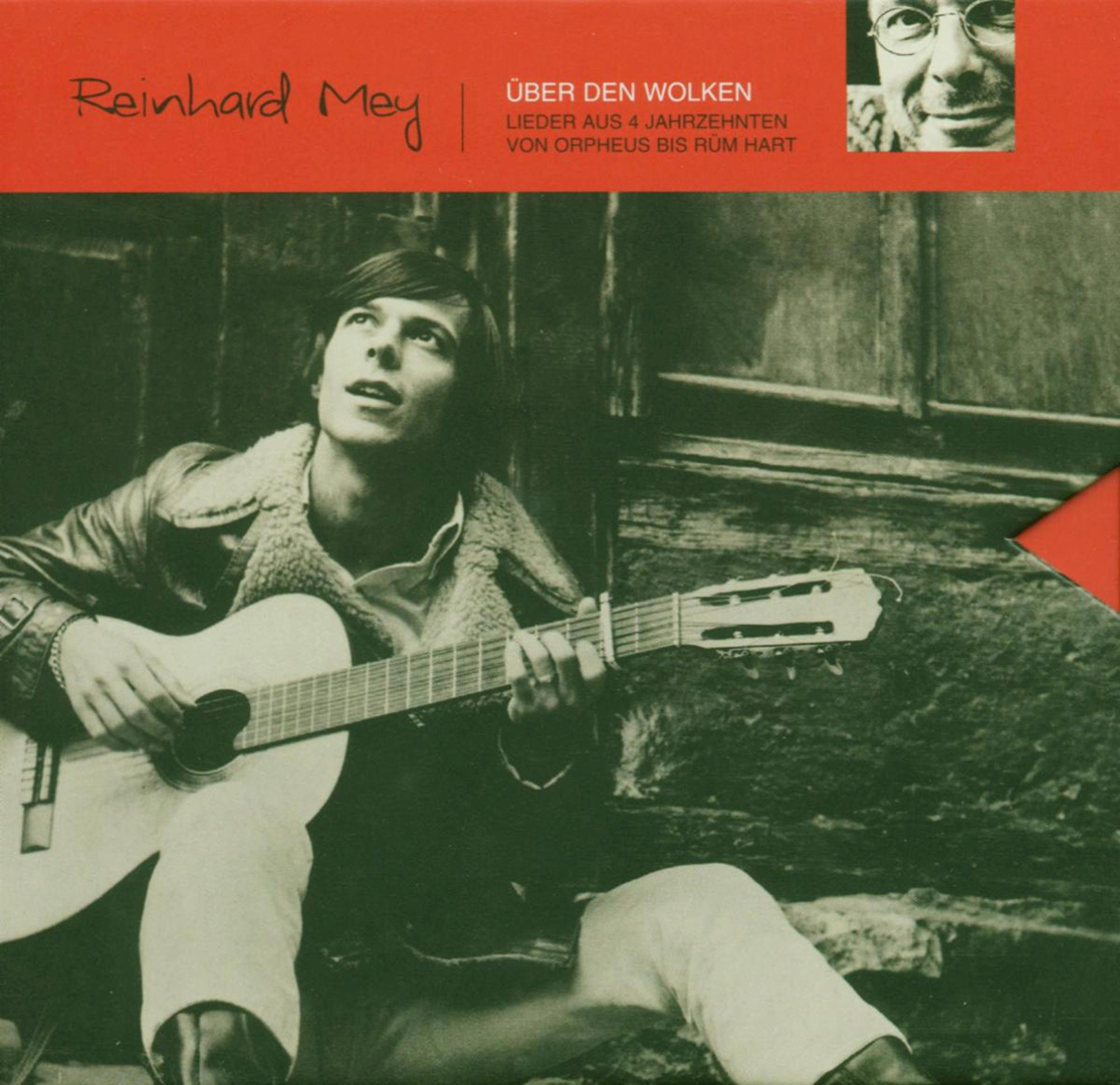 Albumcover, Mann mit Gitarre, Text: Reinhard Mey, ÜBER DEN WOLKEN. Ein Porträt eines Mannes ist oben rechts.