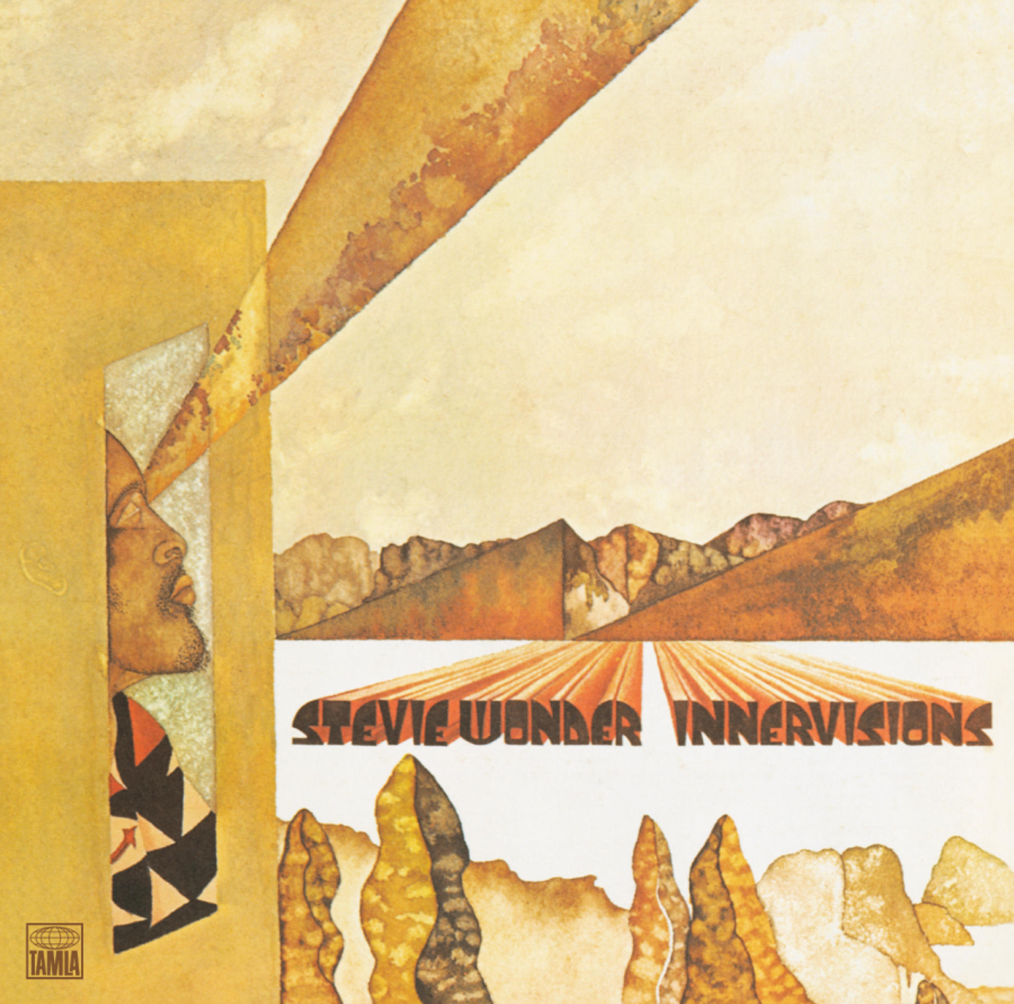 Albumcover. Abstrakte Kunst, orange-gelber Hintergrund. Text: 'STEVIE WONDER INNERVISIONS'. Gesichtsprofil in der Ecke.