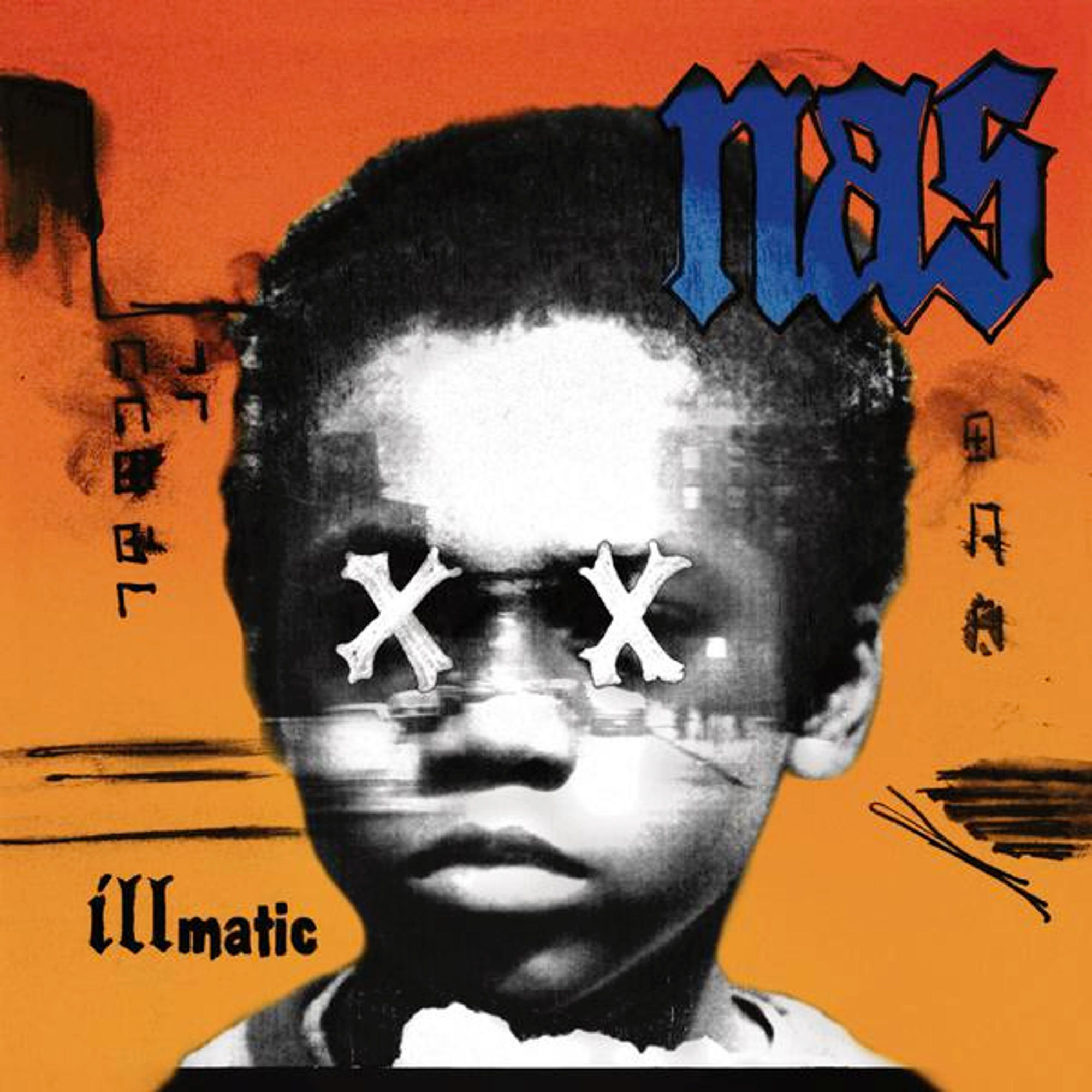 Albumcover: Ein Kind mit Xs für Augen. Text: Nas, Illmatic.