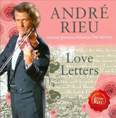 André Rieu album borító. Rieu hegedűvel, 'Love Letters' felirat rózsaszín háttéren rózsa illusztrációkkal.