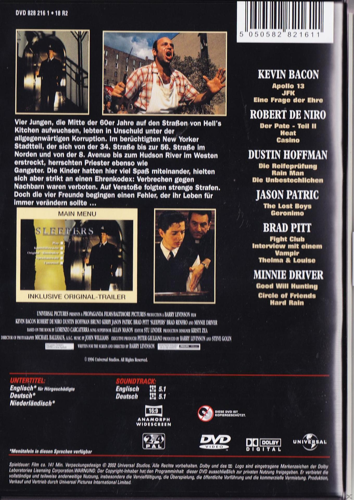 Rückseite der DVD-Hülle für den Film Sleepers. Enthält die Namen der Schauspieler und der Crew.