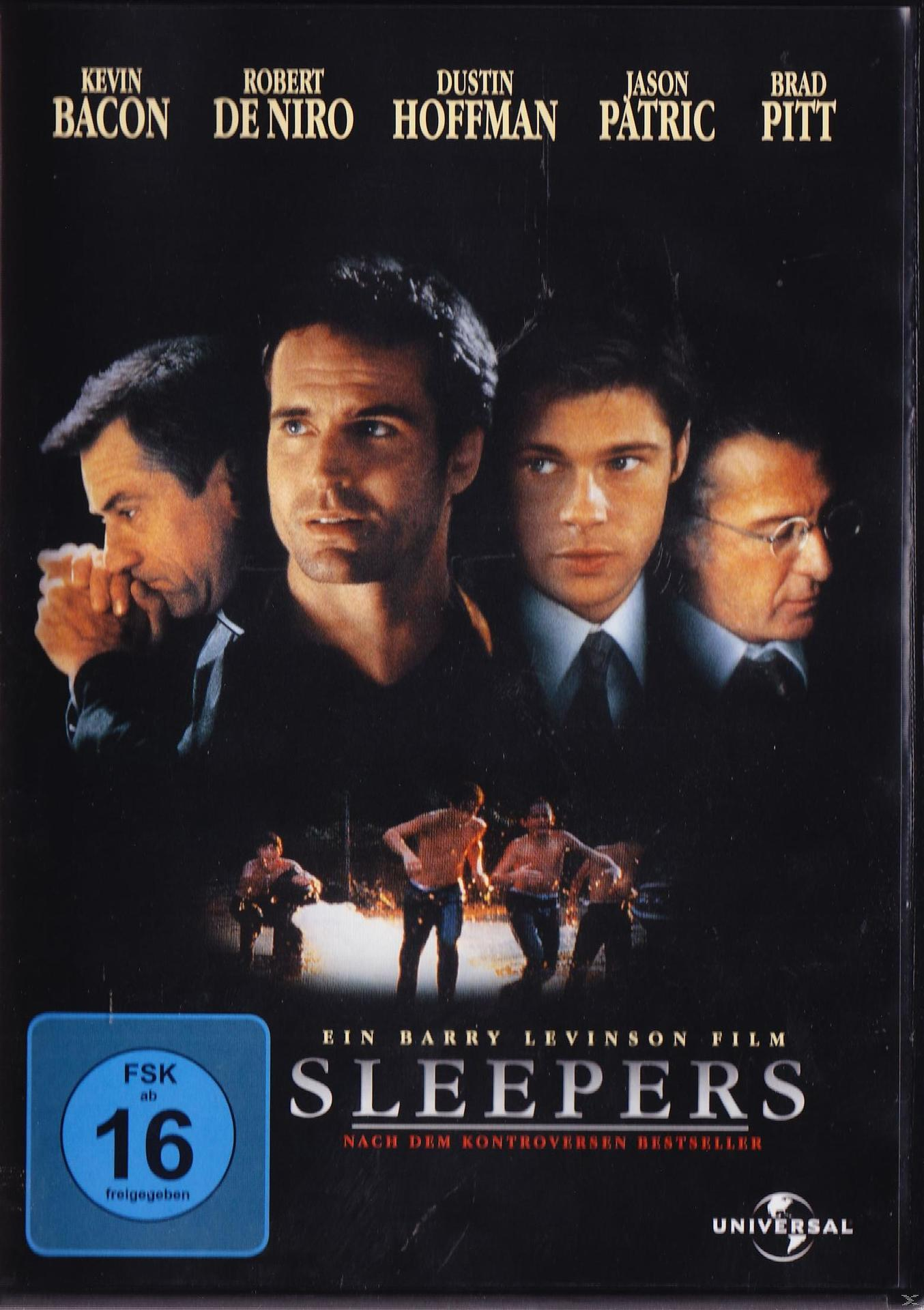 Filmposter. Gesichter von Kevin Bacon, Robert De Niro, Dustin Hoffman und Brad Pitt. Titel: Sleepers.