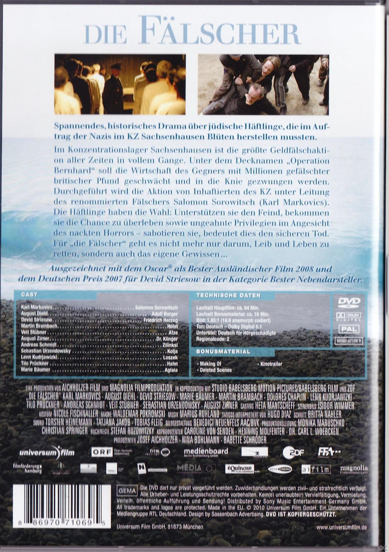 DVD-Rückseite für 'Die Fälscher'. Enthält Text, Bilder und Filmdetails.