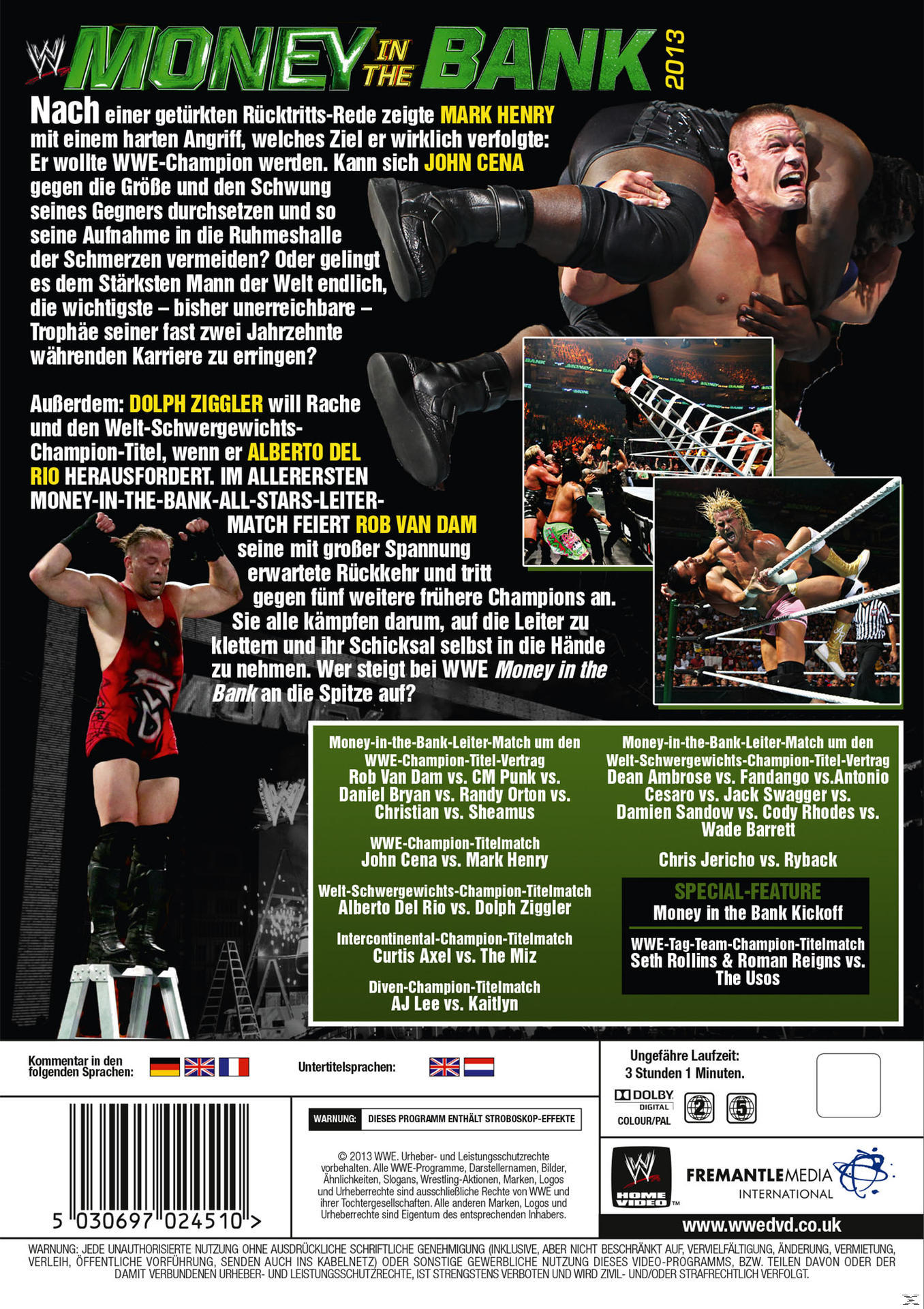 WWE Money in the Bank 2013 DVD-Cover. Wrestler in Aktion, Leitermatch und Veranstaltungsdetails.