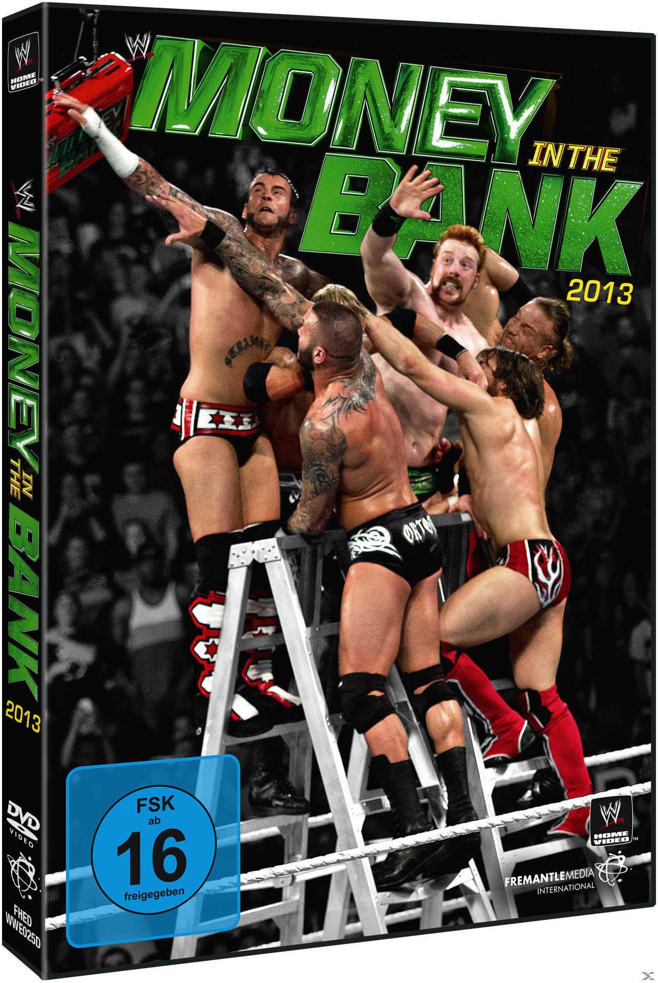 DVD-Cover für Money in the Bank 2013. Wrestler auf einer Leiter. Der Titel ist grün. Ein roter Koffer ist sichtbar.