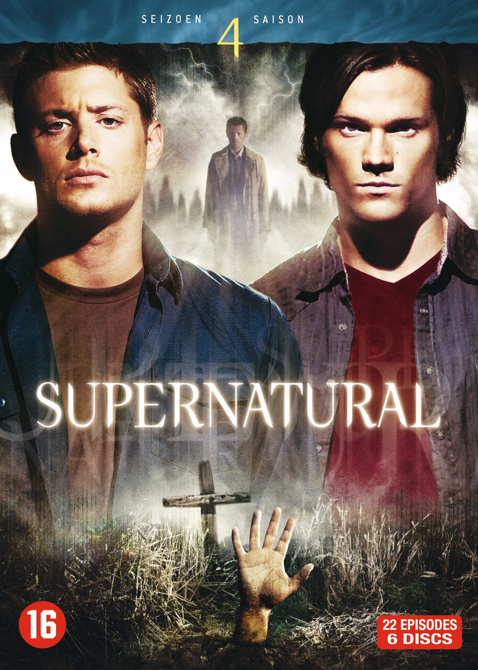 Jaquette du DVD pour la saison 4 de 'Supernatural', avec deux hommes et une croix.
