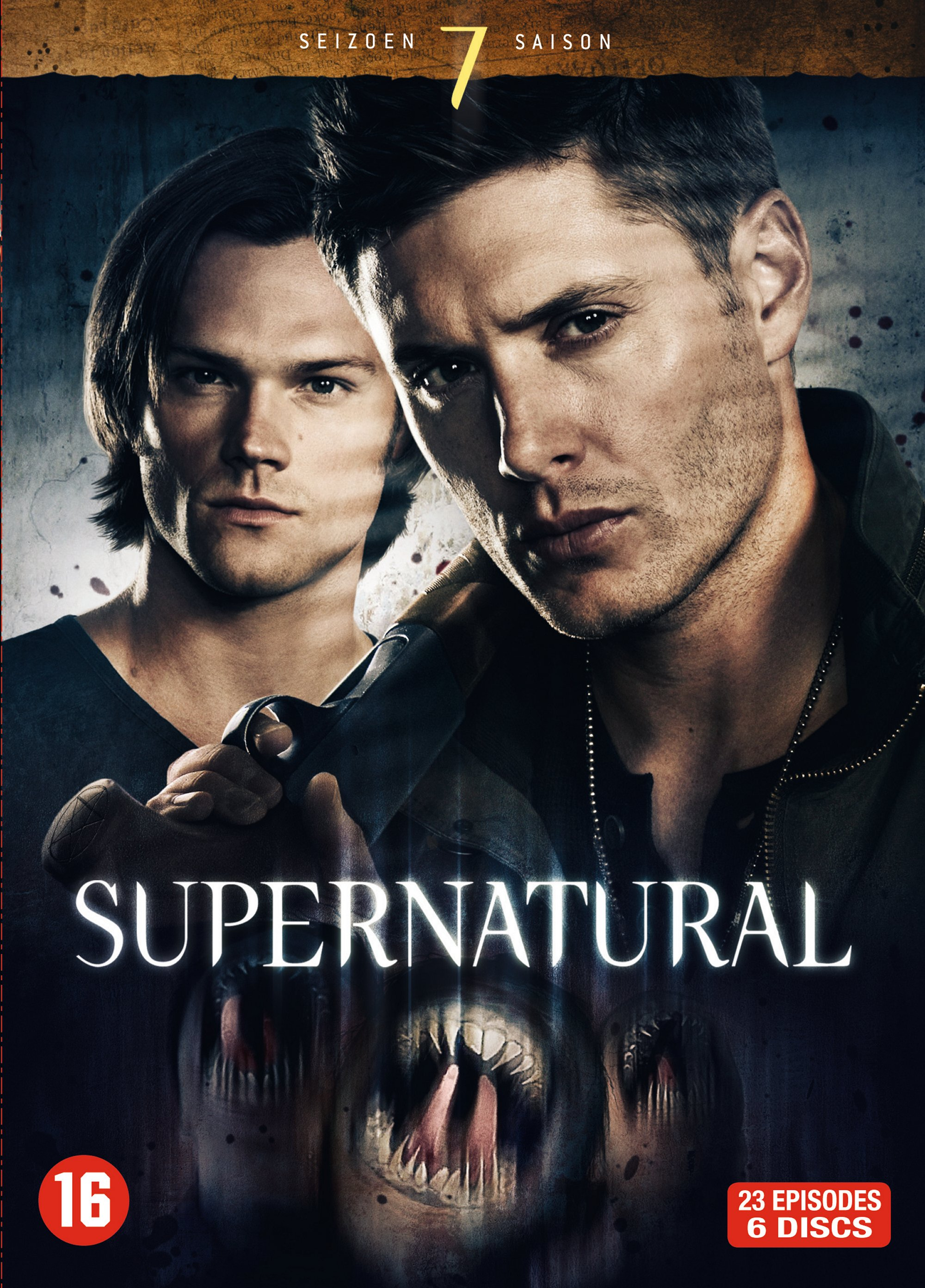 DVD cover with two men, title 'Supernatural', the number '7', and a monster image at the bottom.