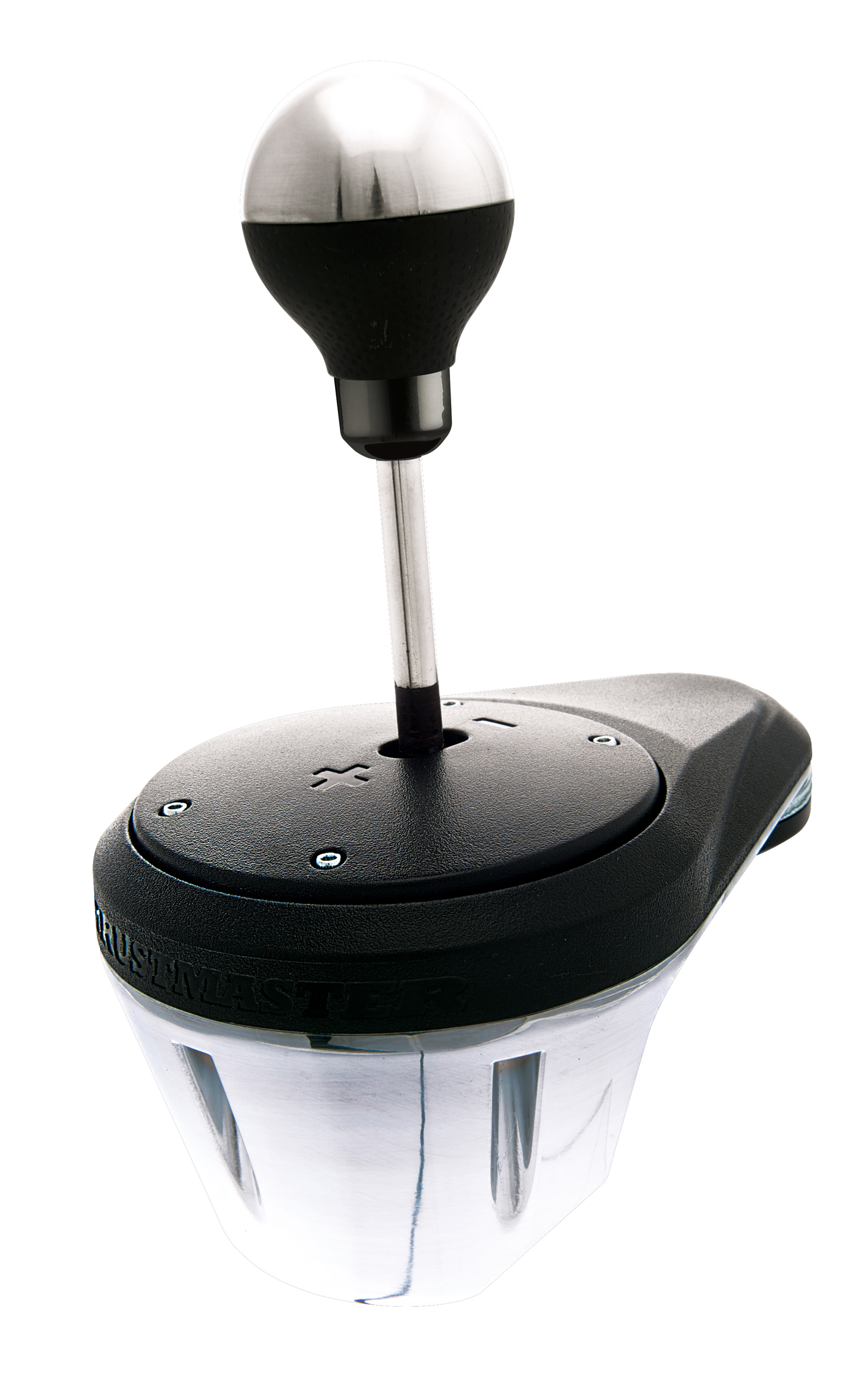 Thrustmaster-Marken-Schalthebel. Schwarze Basis mit silbernem Schaltknauf. Weißer Hintergrund.