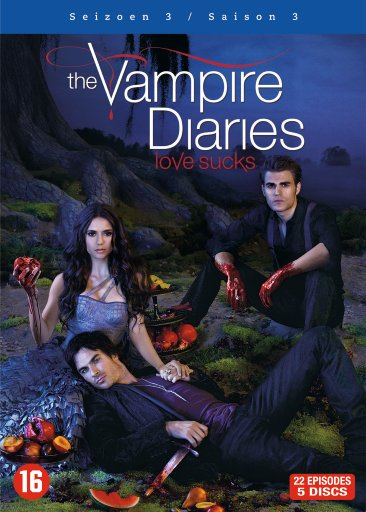 Cover of 'The Vampire Diaries' DVD, with three people, two holding hearts. Text: 'love sucks'.