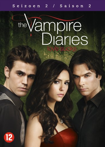 DVD cover of 'The Vampire Diaries' with three actors. Text says 'love sucks'.