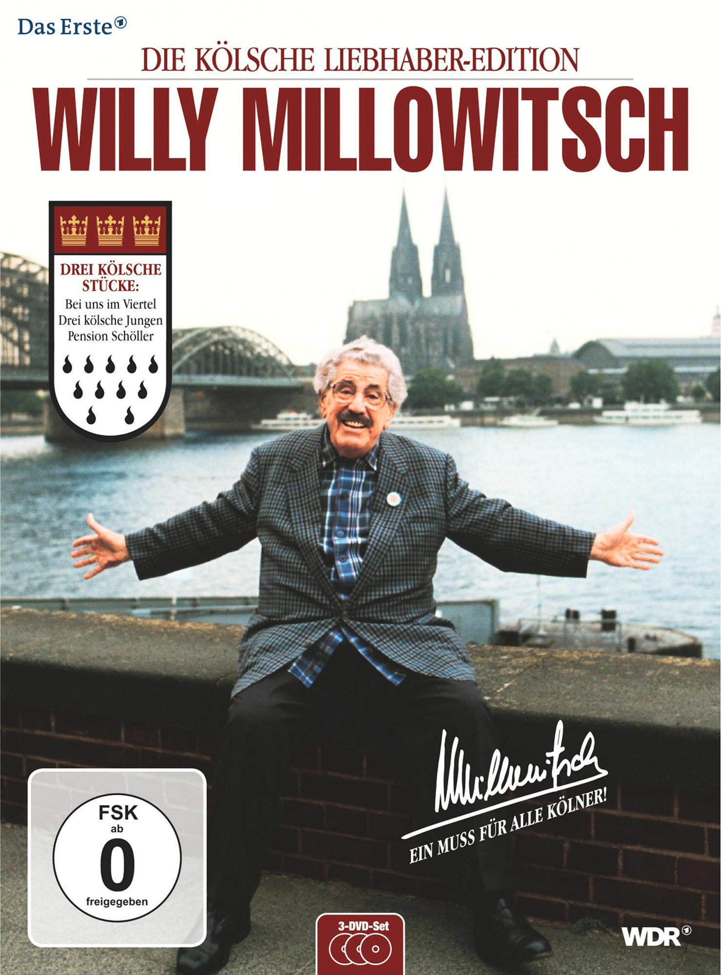 DVD-Cover von Willy Millowitsch. Er sitzt mit offenen Armen. Kölner Dom im Hintergrund.