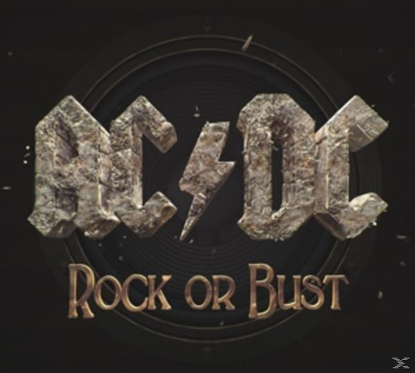 AC/DC-Logo auf schwarzem Hintergrund mit den Worten 'Rock or Bust' unter dem Logo.