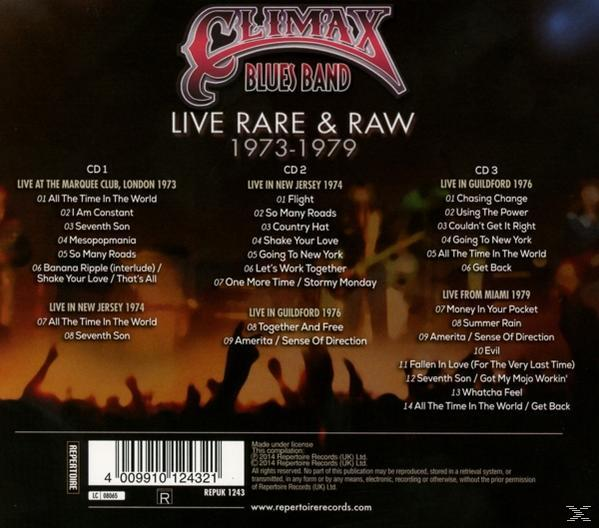 CD-Cover, Text mit Titelliste: Live Rare & Raw 1973-1979 von Climax Blues Band.
