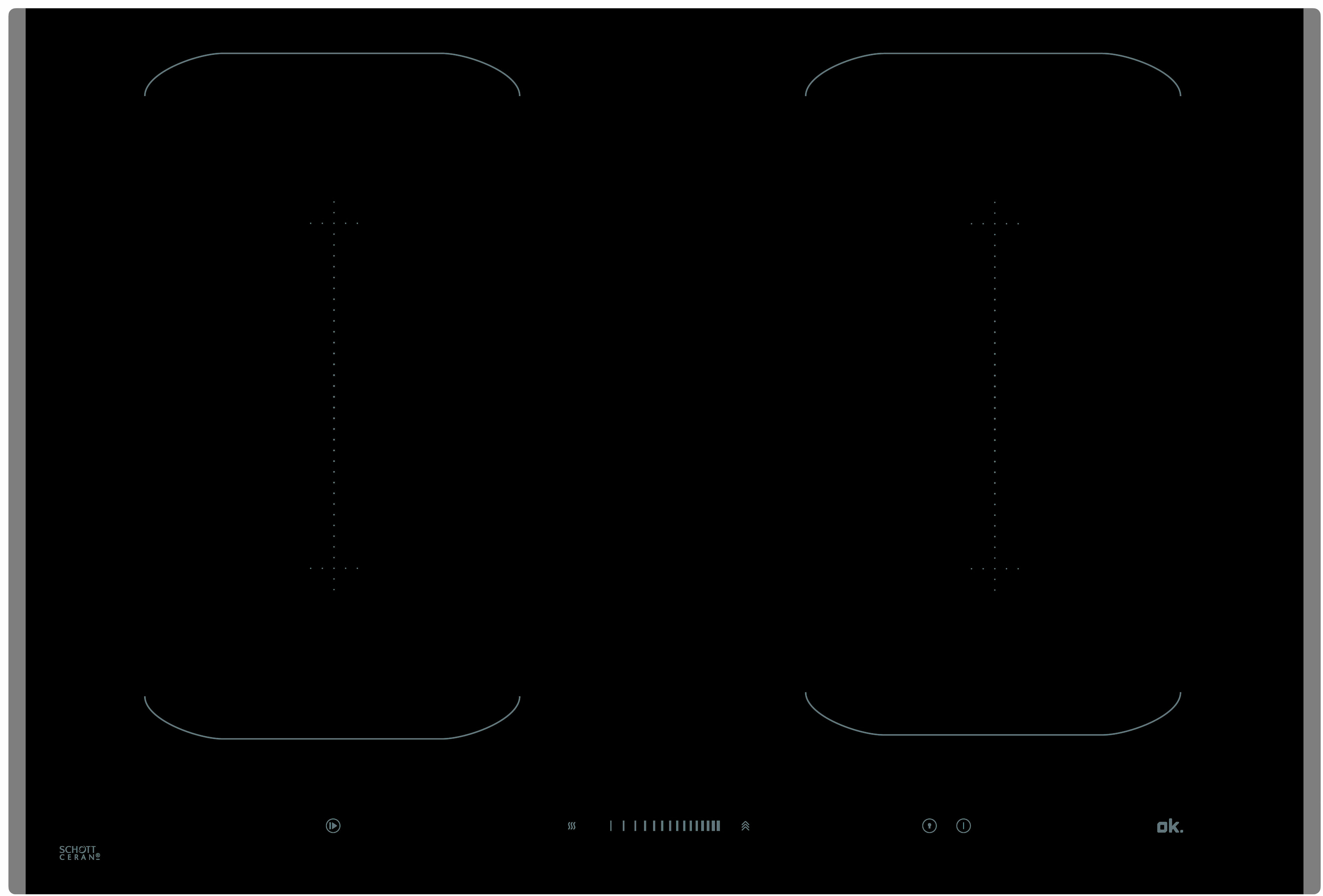 Schwarzes Induktionskochfeld mit zwei Kochzonen. Einfaches Design mit Touch-Bedienelementen unten.