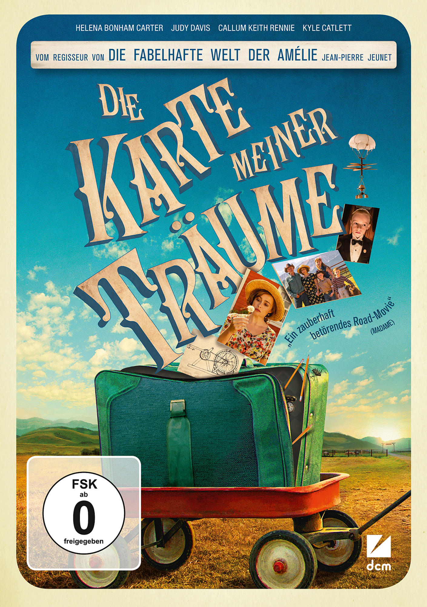 Filmposter mit einem grünen Koffer auf einem roten Bollerwagen vor blauem Himmel.