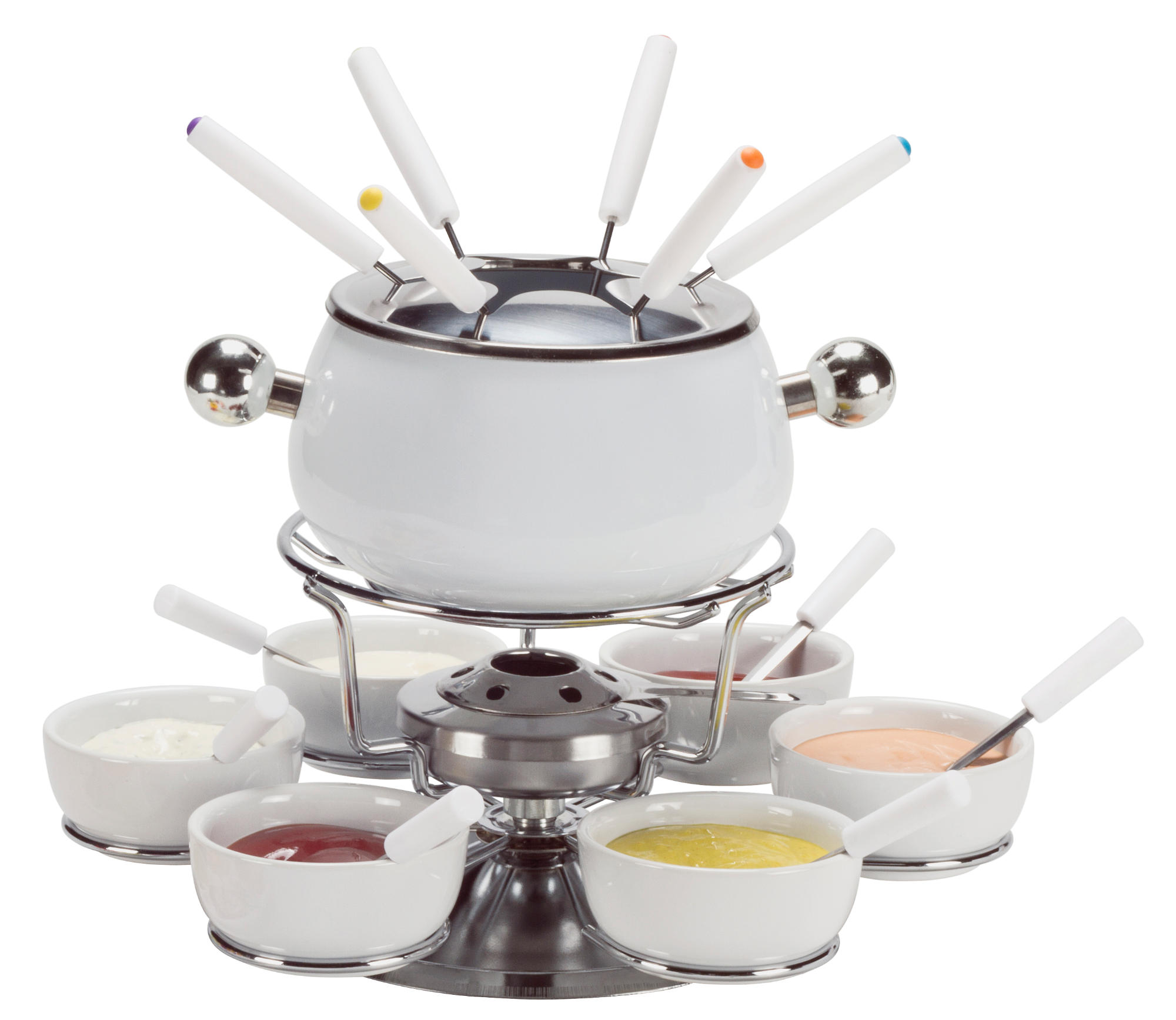 Weißes Fondue-Set mit verschiedenen Saucen, Gabeln und einem Brenner. Silberständer. Weiße Schalen und Topf.