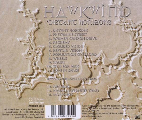 CD-Cover. Beiger Hintergrund mit Design und Trackliste von Hawkwind, Oiscanic Horizons.