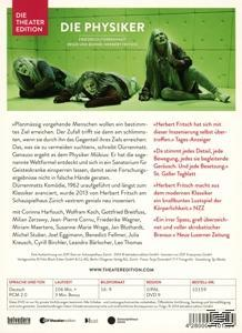 DVD-Cover: Drei Personen auf dem Boden, grüner Hintergrund. Text: Die Physiker.