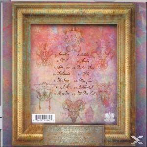 Ein gerahmtes Albumcover mit Text und Illustrationen vor farbenfrohem Hintergrund. Der Rahmen ist goldfarben.