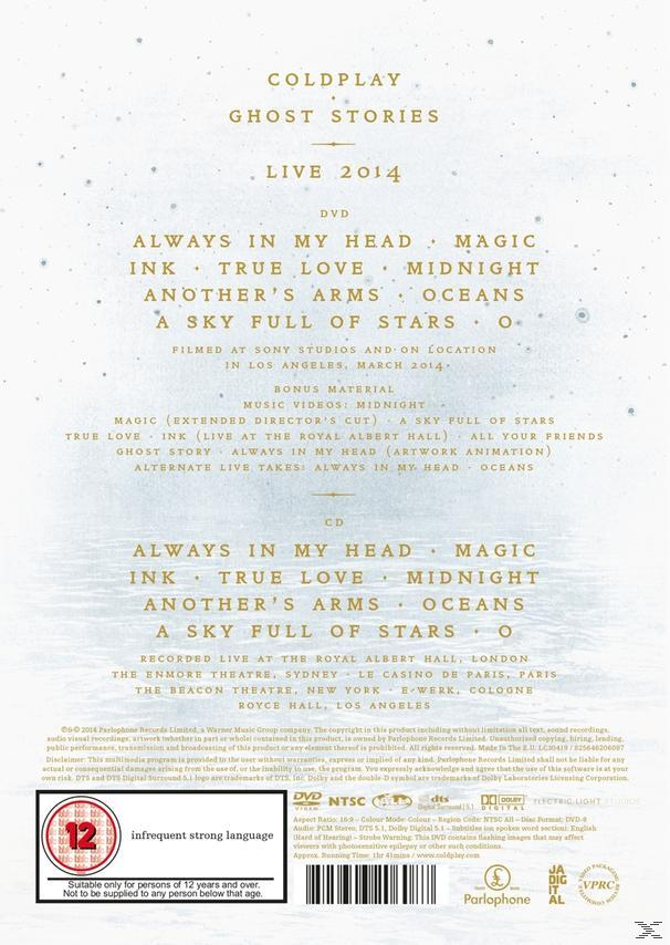 DVD-Hülle mit dem Text 'Coldplay Ghost Stories LIVE 2014', Titelliste und Bewertung.
