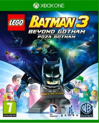 Lego Batman 3 játékborító Lego Batmannal, Jokerrel és más karakterekkel.
