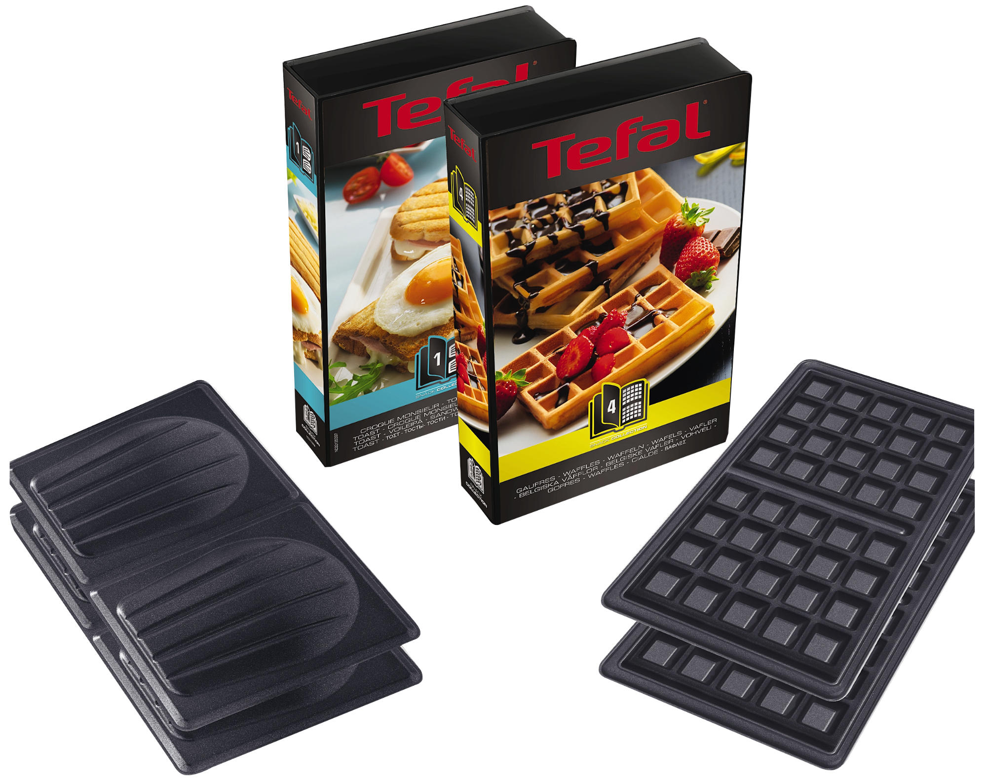 Dwa pudełka gofrownic Tefal, z płytami do gofrów. Jedno pudełko pokazuje gofry z dodatkami.