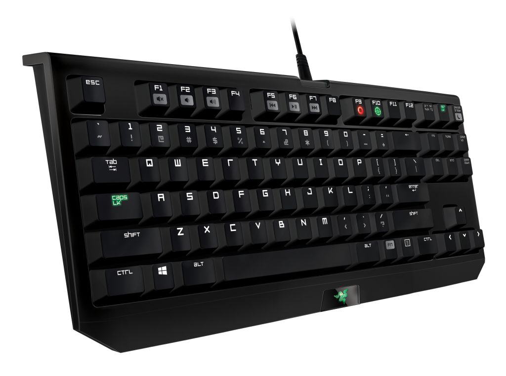 Eine schwarze Tastatur mit grüner Beleuchtung, weißen Tasten und Funktionstasten auf weißem Hintergrund.