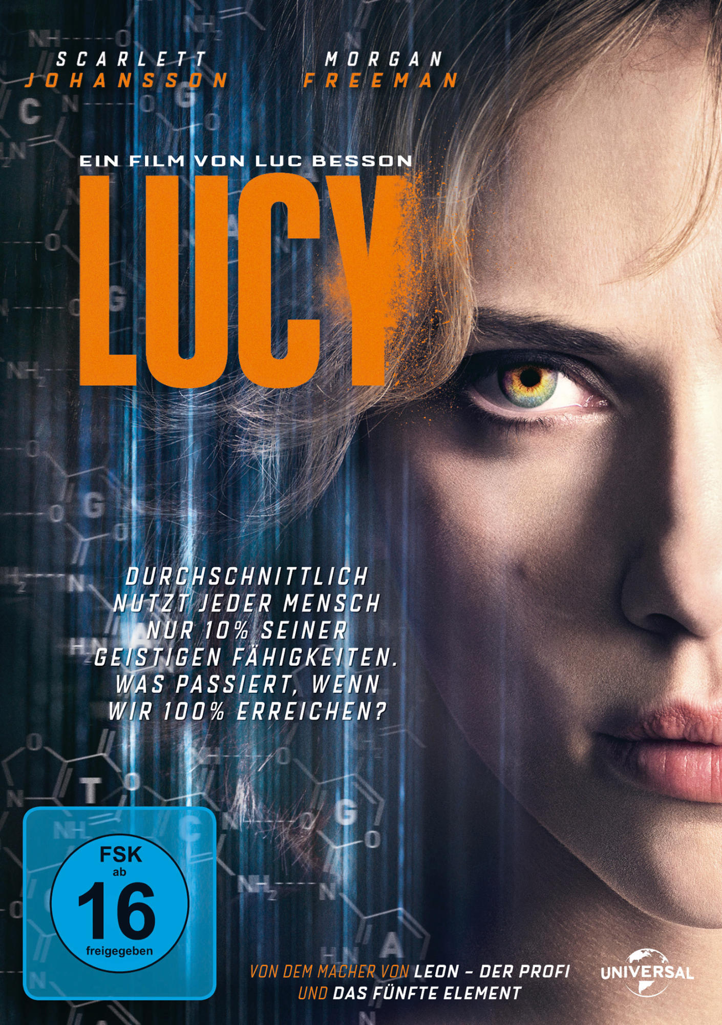 Lucy Film-DVD-Cover. Scarlett Johanssons Gesicht, Text 'LUCY', blauer Hintergrund, technische Elemente.