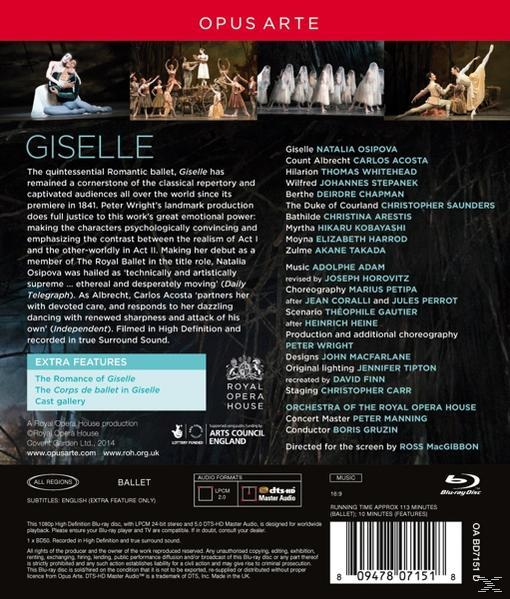 DVD-Cover für 'Giselle'. Balletttänzer im Hintergrund und Text mit Details zur Show.