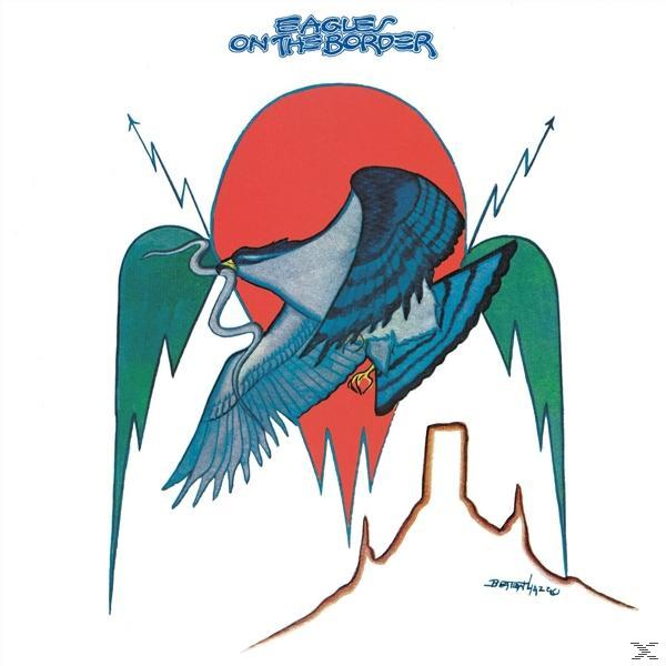 Pochette de l'album Eagles. Aigle tenant un serpent, soleil rouge et montagnes. Couleurs bleu, vert et marron.