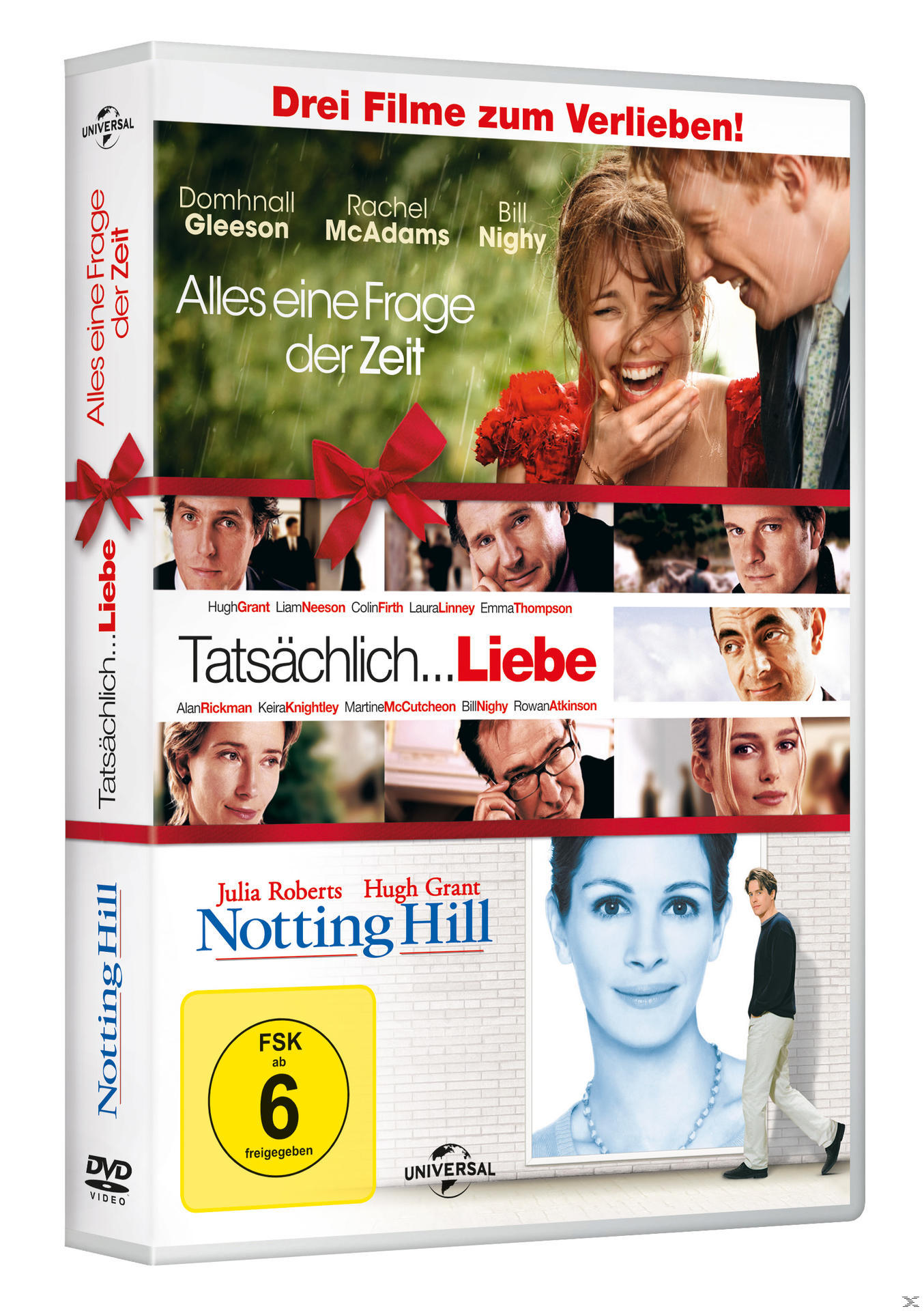 DVD-Cover mit drei Filmplakaten: 'Tatsächlich... Liebe', 'Alles eine Frage der Zeit', 'Notting Hill'.