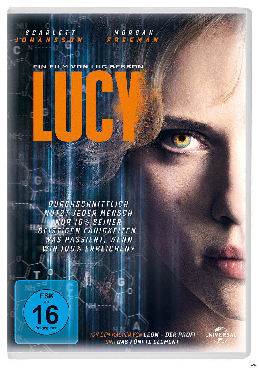 Filmposter für 'Lucy'. Ein Frauenkopf mit einem Auge im Fokus. Text ist vorhanden.