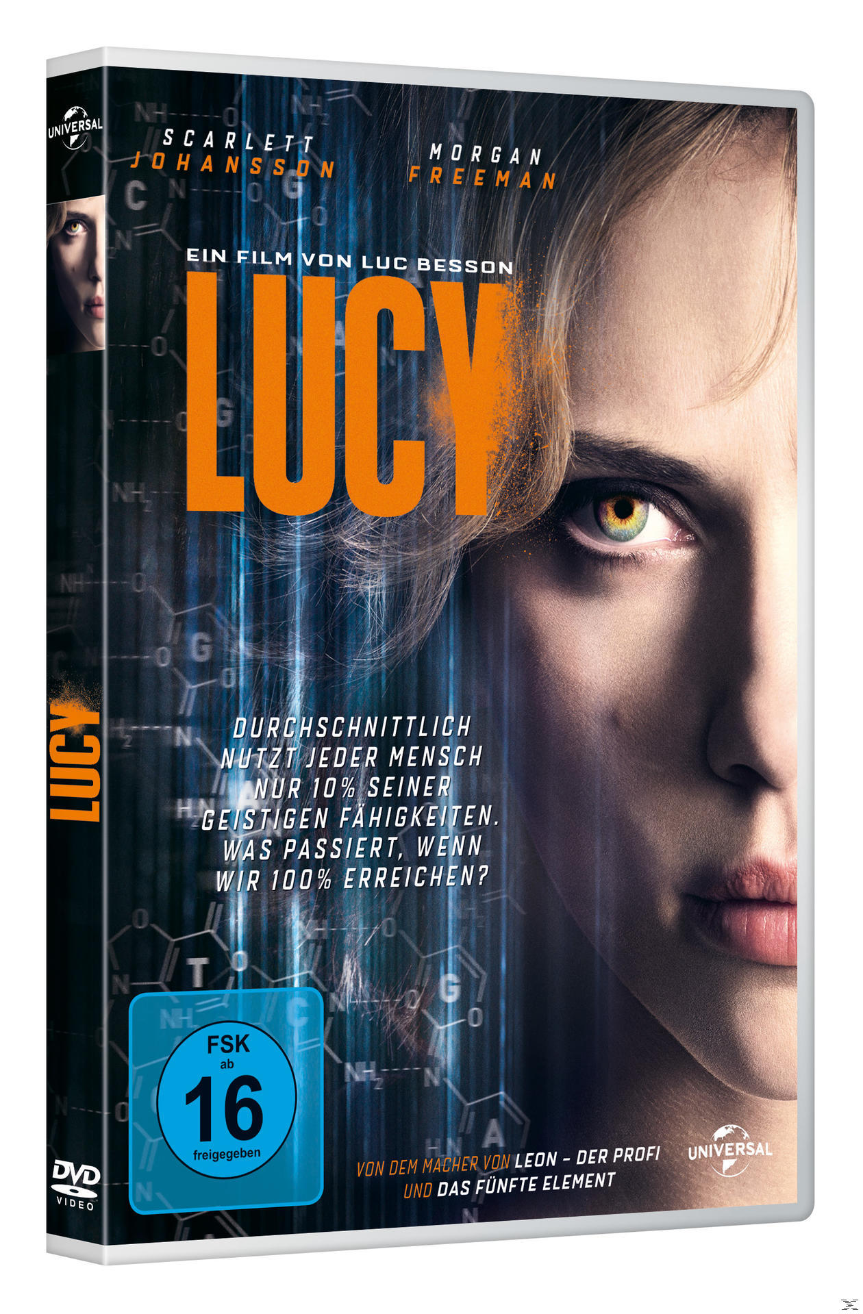 DVD-Cover für den Film Lucy. Scarlett Johansson ist der Hauptfokus, im Zentrum.