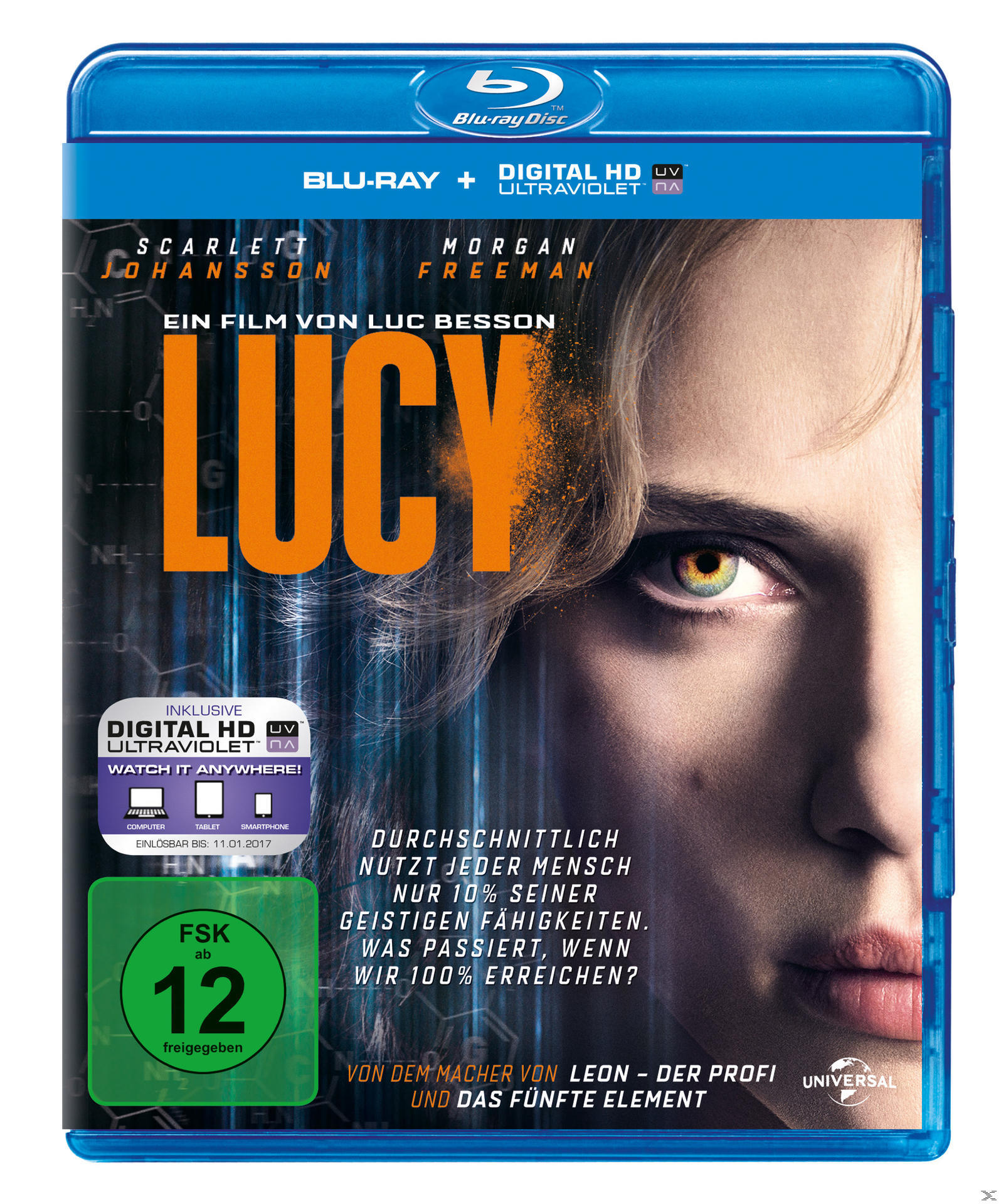 Filmcover: Lucy mit Scarlett Johansson und Morgan Freeman. Text: "Lucy" und "Digital HD."