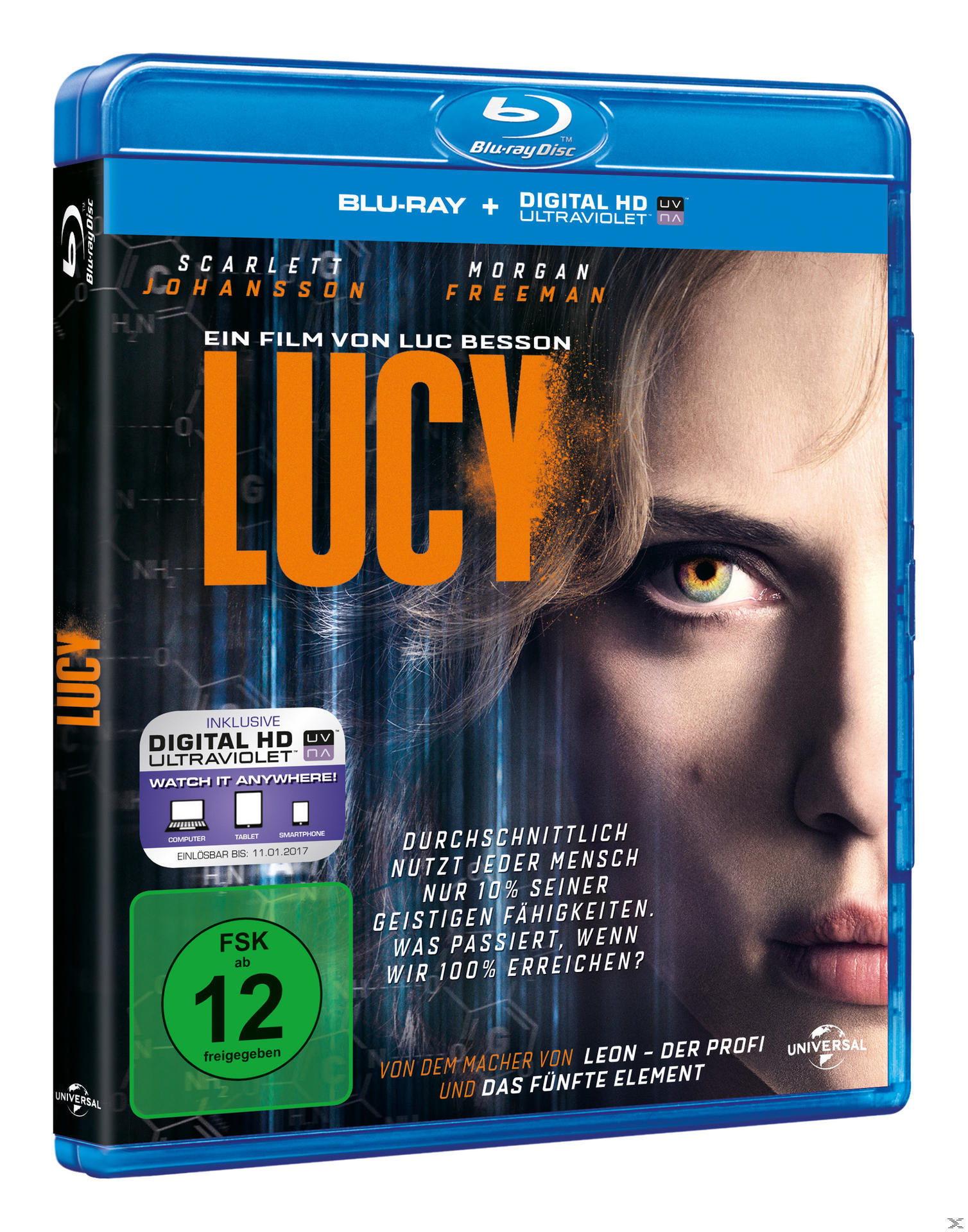 Blu-ray-Disc-Hülle mit dem Film "Lucy". Mit Scarlett Johansson und Morgan Freeman.