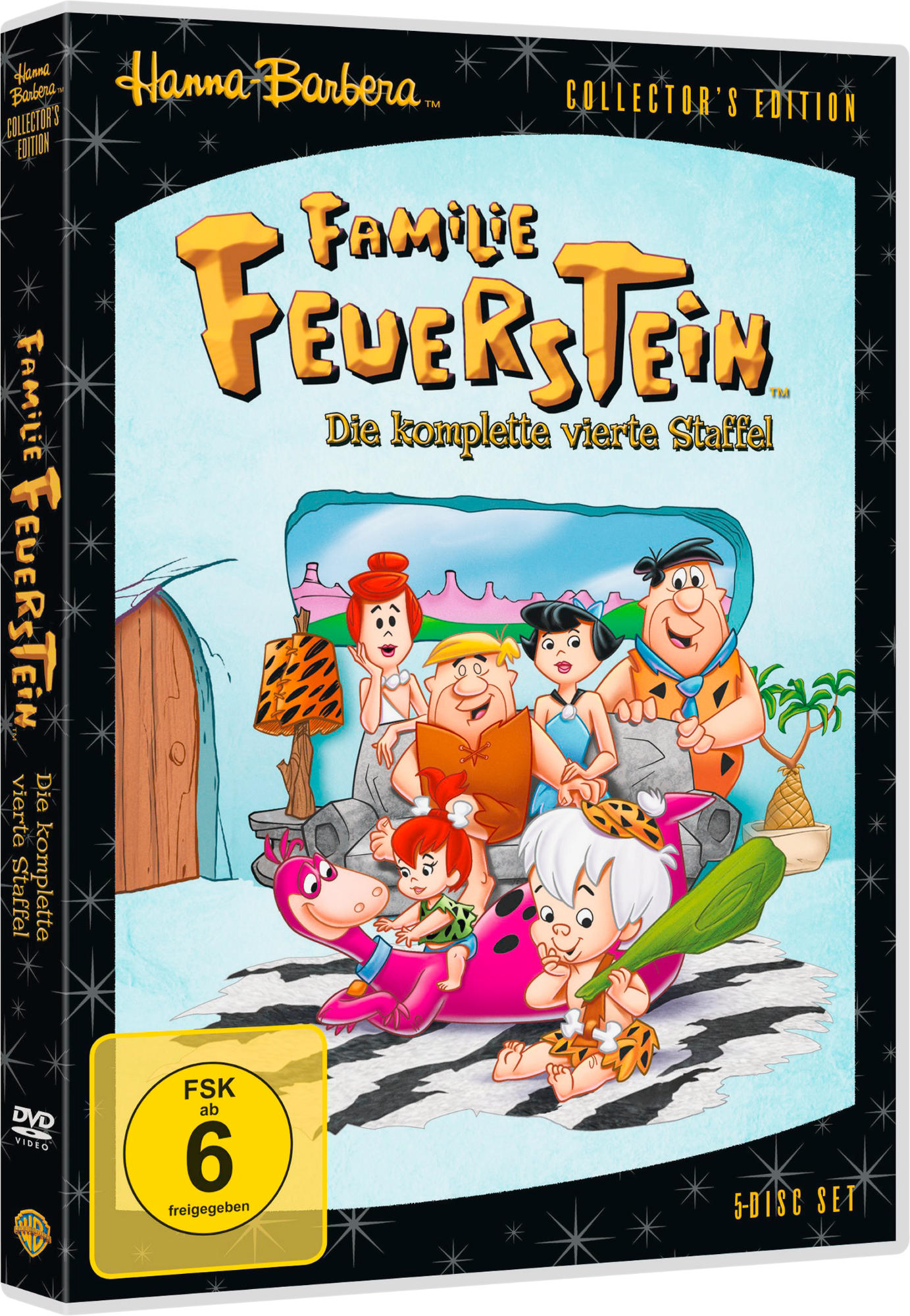 DVD-Cover für den Cartoon The Flintstones. Charaktere wie Fred, Wilma und Dino sind abgebildet.