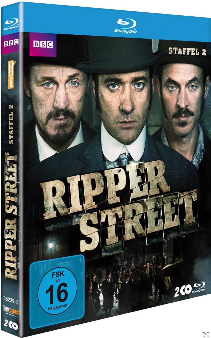 Blu-ray-Cover für 'Ripper Street'. Drei Männer in Anzügen, mit dunklem Stadtbild und Titel.