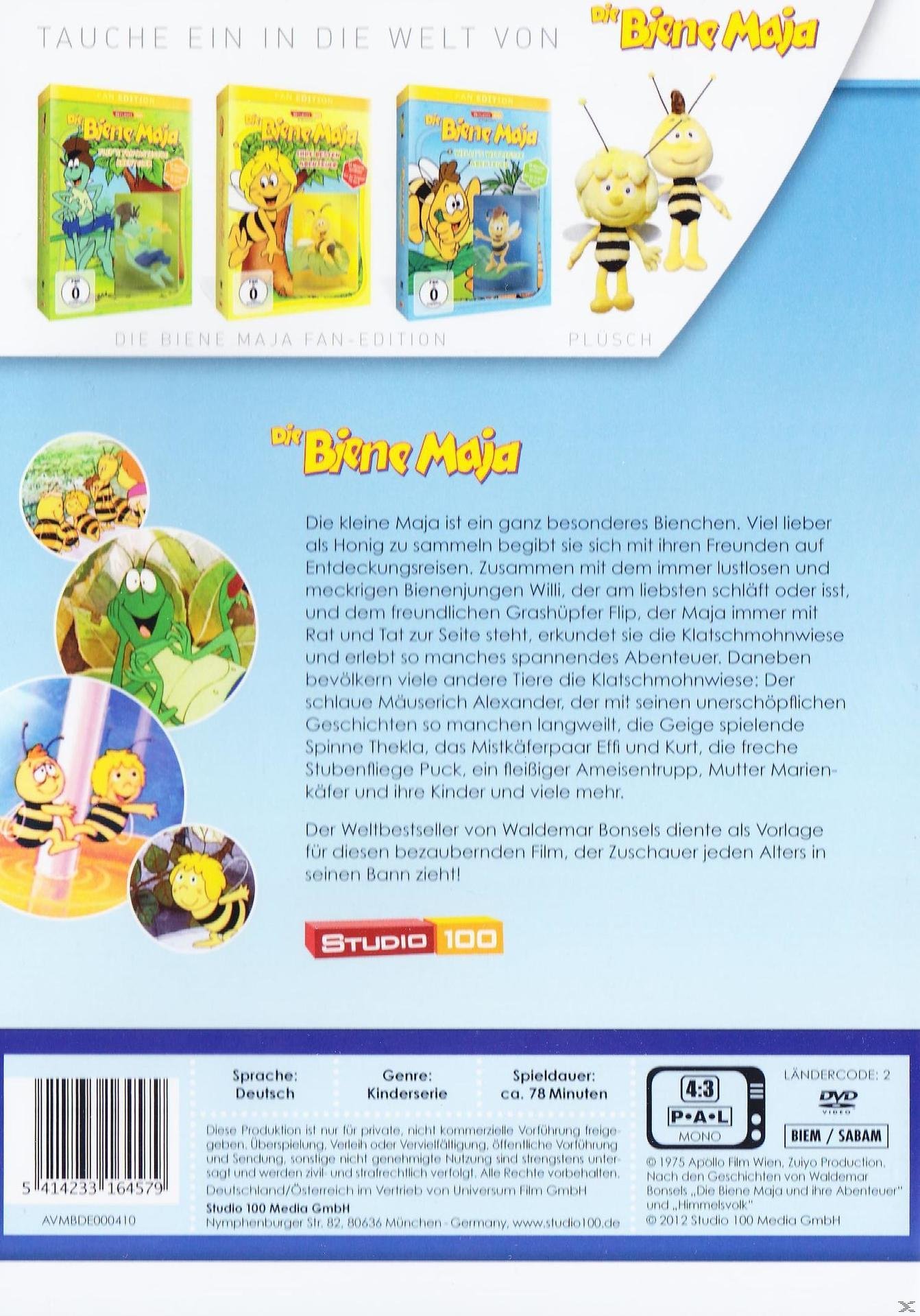 DVD-Cover für 'Die Biene Maja'. Cartoon-Biene mit anderen Charakteren und Text auf Deutsch.