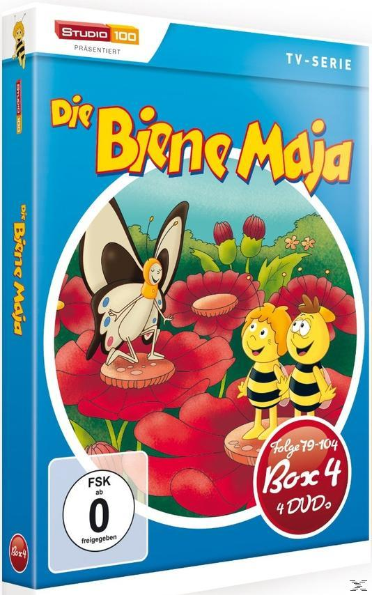 DVD-Cover für eine Zeichentrickserie mit einer Biene, einem Schmetterling und Blumen. Text enthält 'Die Biene Maja'.