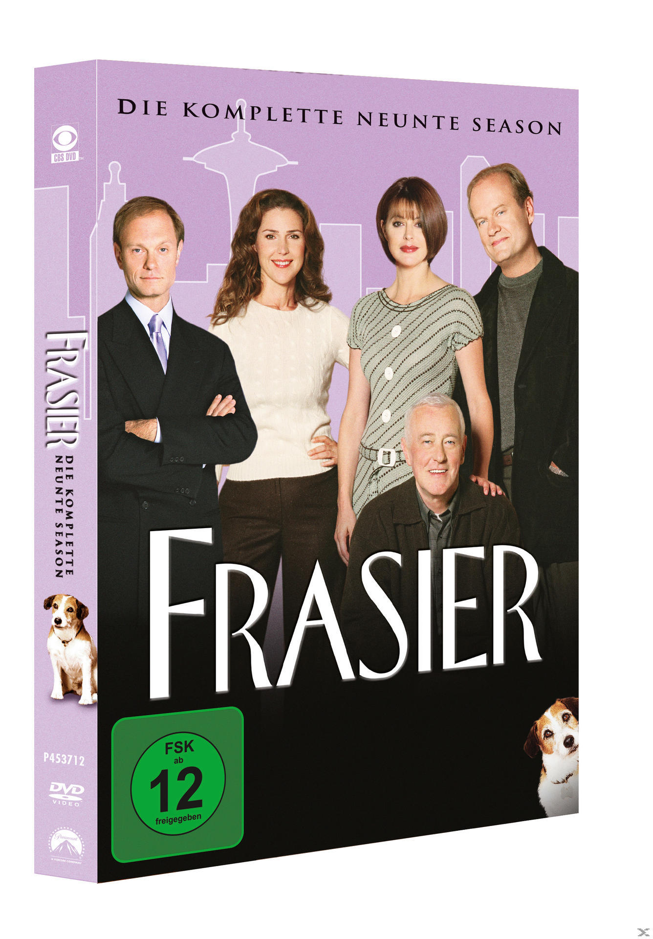 DVD-Cover mit fünf Personen, zwei Hunden und dem Titel 'Frasier'.